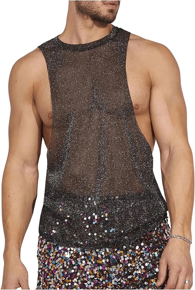 Floerns Men's Sheer Mesh Tee Glitter Round Neck Sleeveless Party Tank Top