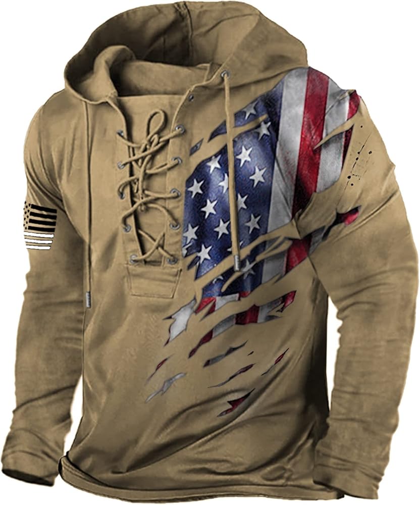 Men's Long Sleeve Outdoor Military Tactical Retro Distressed American Flag Print LaceUp Pullover Hooded Sweatshirt