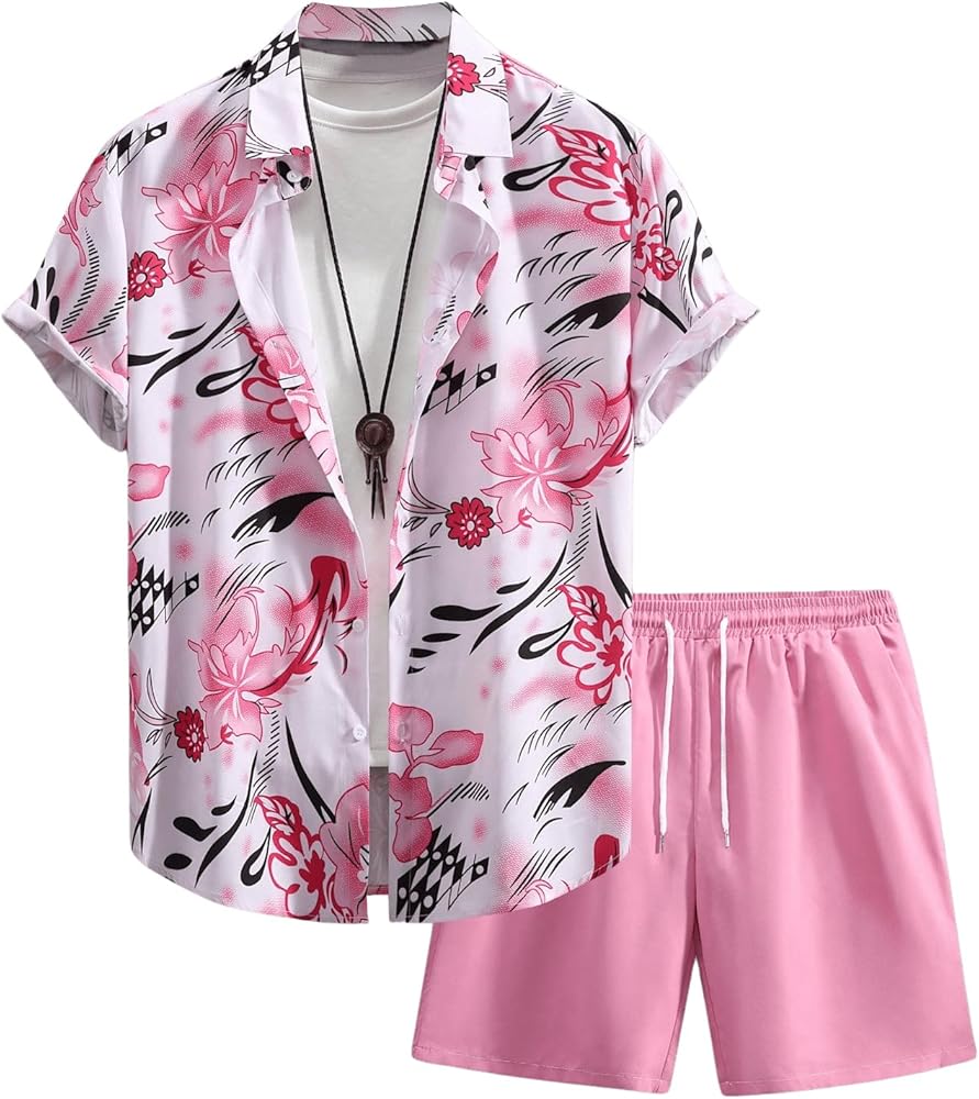 Men's Plus Size 2 Pieces Outfit Floral Print Button Down Shirt and Drawstring Waist Shorts Sets