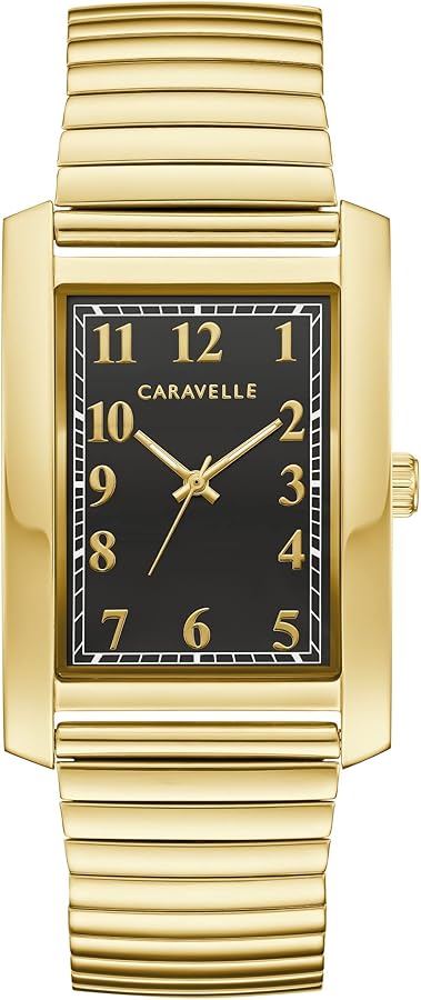 Caravelle by Bulova Men's Classic Dress 3-Hand Quartz Expansion Band Watch, Rectangle Case, Curved Mineral Crystal