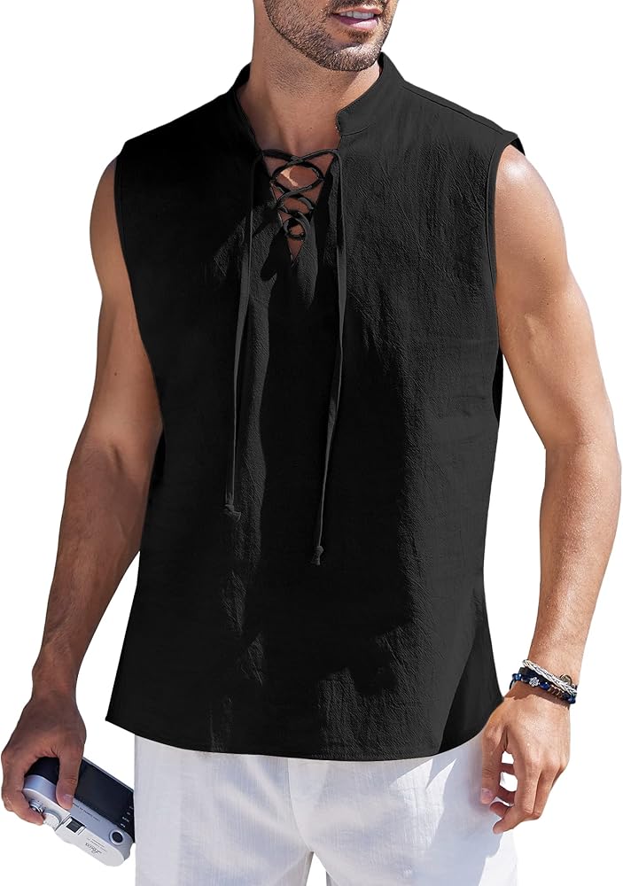 COOFANDY Mens Cotton Linen Tank Tops Beach Casual Sleeveless Henley Tank Shirts Black