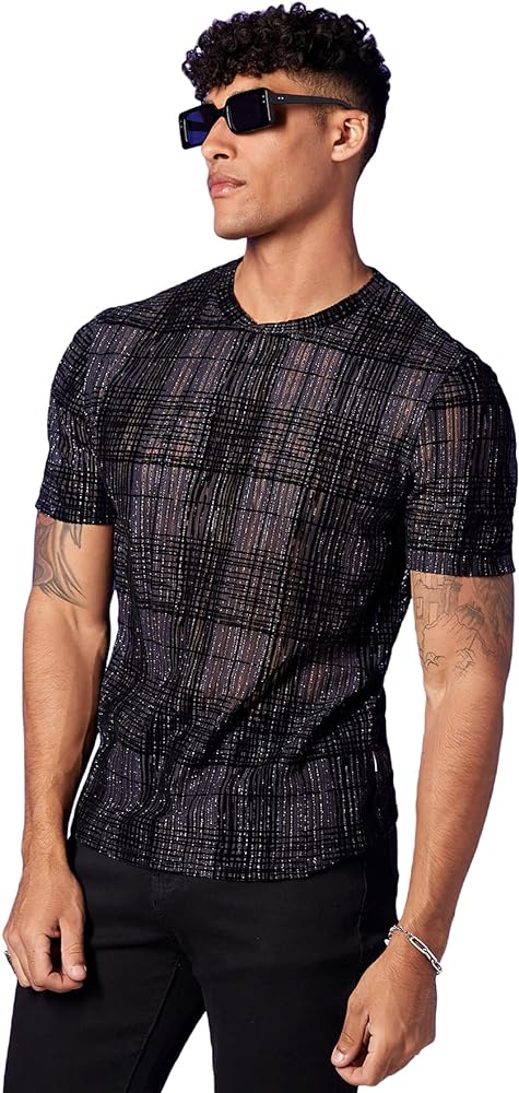 GORGLITTER Men's Plaid Glitter Short Sleeve Crewneck Tee Shirt Party Nightclub Mesh Shirt Top