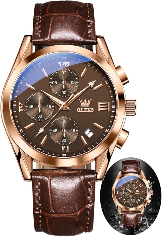 OLEVS Men's Chronograph Quartz Watches, Leather Strap Gold Case with Day Date, Waterproof Stainless Steel Wrist Watch, Luminous Hand Analog Watches for Men, Brown/Black/Blue/White Dial