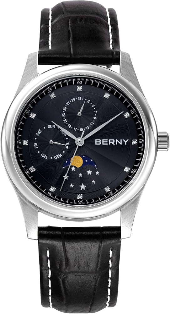 BERNY Mens Multi-Functional Quartz Watch with Calendar and Moon Phase Watch - Stainless Steel Case and Leather Band