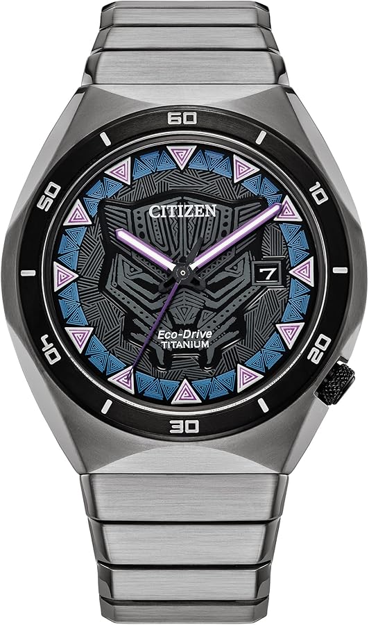 Citizen Men's Eco-Drive Marvel Black Panther Watch in Super Titanium, Black Panther Art Multi-Color Dial (Model: AW1668-50W)