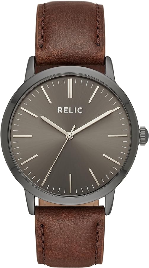 Relic by Fossil Men's Jeffrey Three-Hand Gunmetal Gray Alloy Metal and Dark Brown Leather Band Watch (Model: ZR77300)