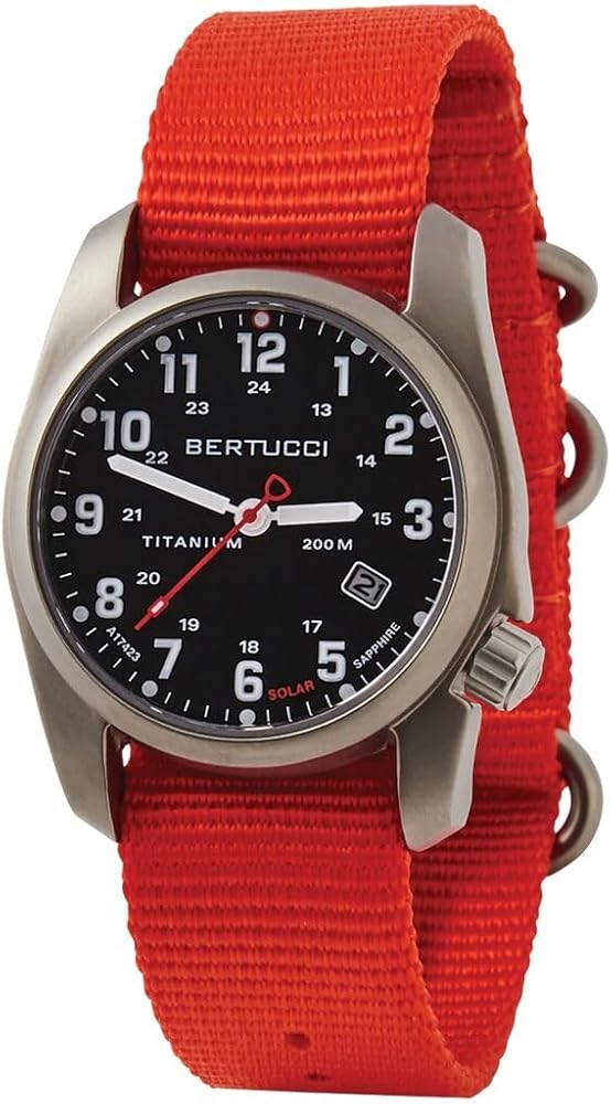 BERTUCCI A-2T Solar Classic Watch | Black Dial with Expeditionary Orange Nylon Band | Matte Finish | Solar Powered | 200 M Water Resistance