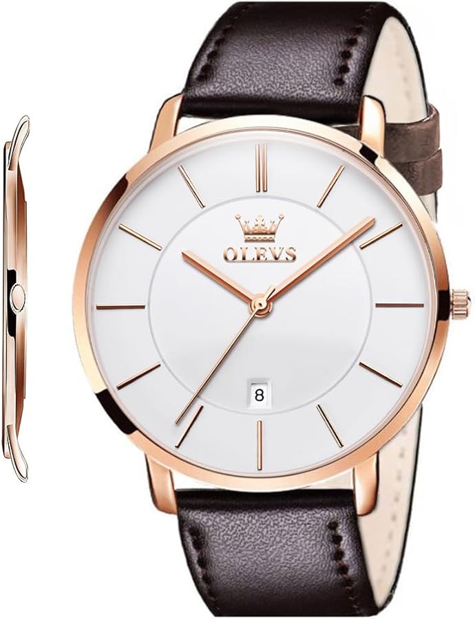 OLEVS Mens Watches Minimalist Ultra Thin Fashion Casual Analog Quartz Date Watch Waterproof Slim Simple Big Face Dress Wrist Watch with Retro Leather Band for Men