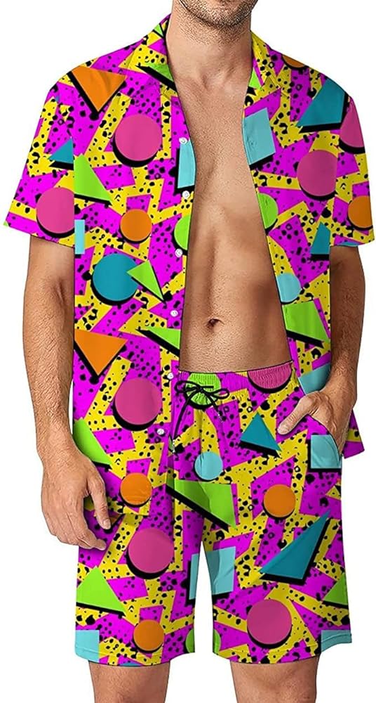 Arssm Mens 2 Pieces Vintage Shirts and Shorts Set 80s 90s Outfit Button Down Beach Suit Quick Dry for Vintage Halloween Party