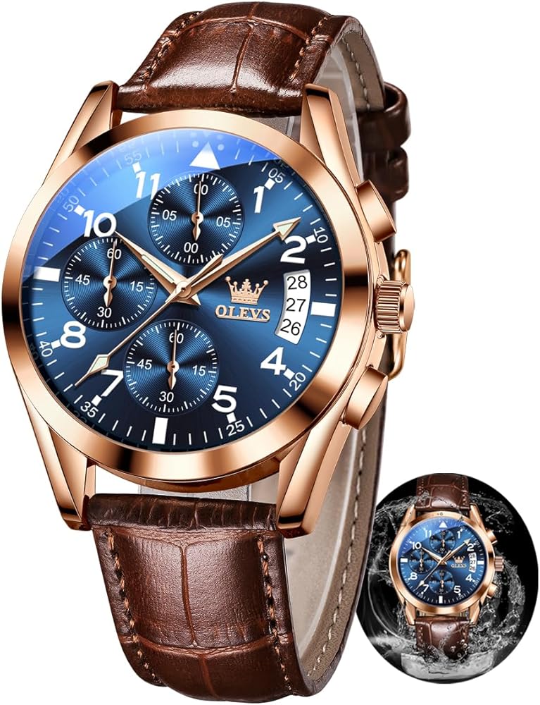 OLEVS Men's Chronograph Quartz Watches, Leather Strap Gold Case with Day Date, Stainless Steel Luxury Waterproof Wrist Watch, Luminous Hand Analog Watches for Men, Brown/Black/Blue/White Dial