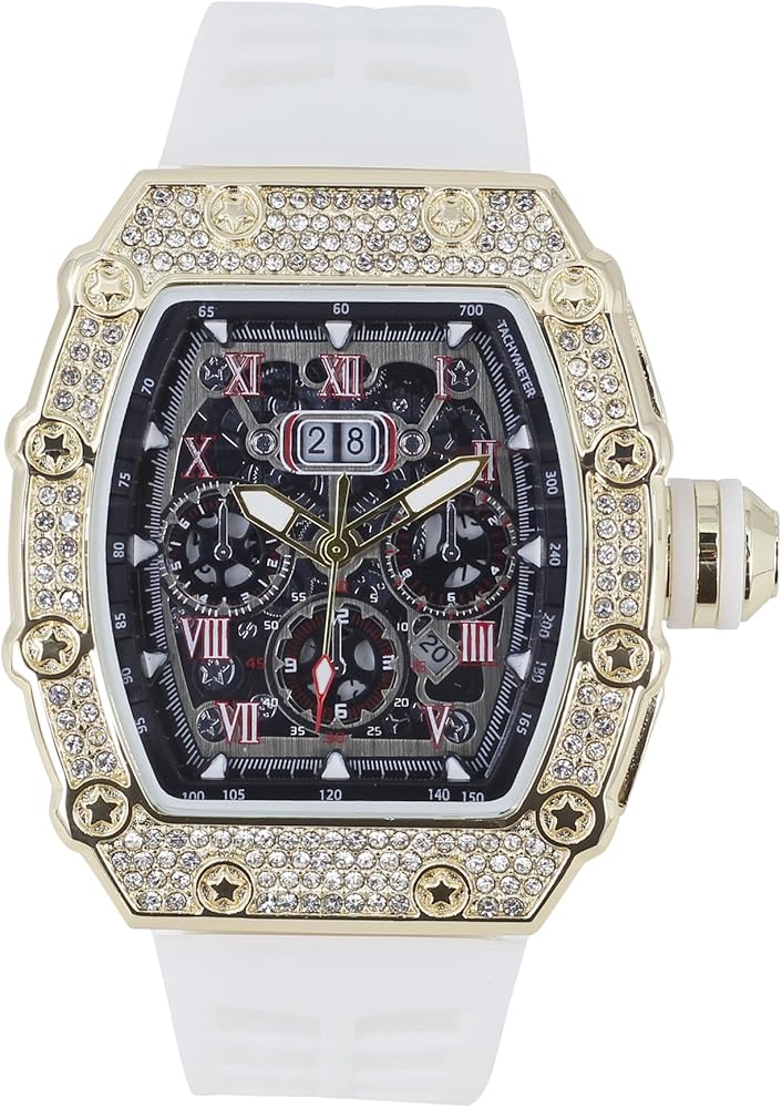 CHARLES RAYMOND Men's Luxury Iced Out Crystals Diamond Watch with Unique Tonneau Shape, Comfortable Silicone Band, Show your Style Design