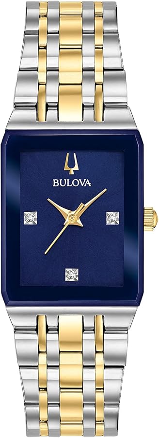 Bulova Ladies' Modern Quadra Two-Tone Stainless Steel 3-Hand Quartz Watch, Blue Dial with Diamond Markers Style: 98P177