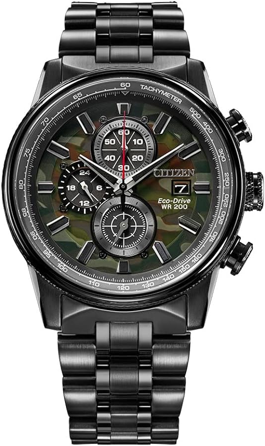 Citizen Men's Eco-Drive Weekender Nighthawk Chronograph Watch in Black IP Stainless Steel, Camo Dial, 43mm (Model: CA0805-53X)