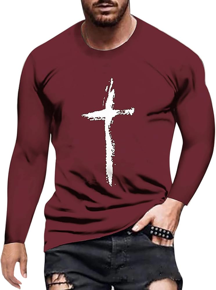 Soldier Long Sleeve T-shirts for Mens, Spring 3D Street Faith Jesus Cross Print Workout Athletics Tee Tops