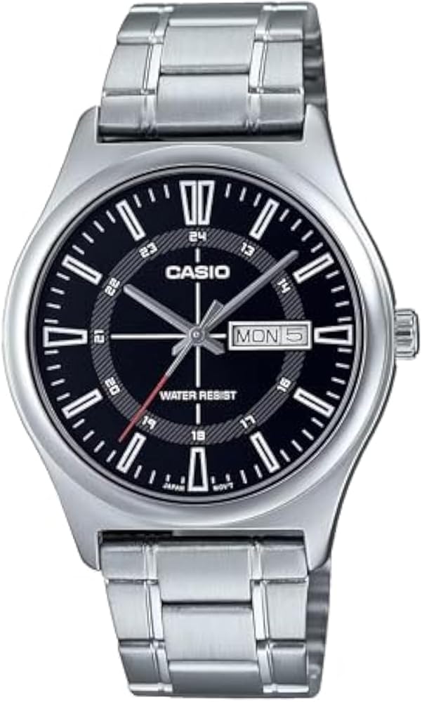 Casio MTP-V006D-1C Men's Stainless Steel 24 Hour Black Index Dial Day Date 3-Hand Analog Watch