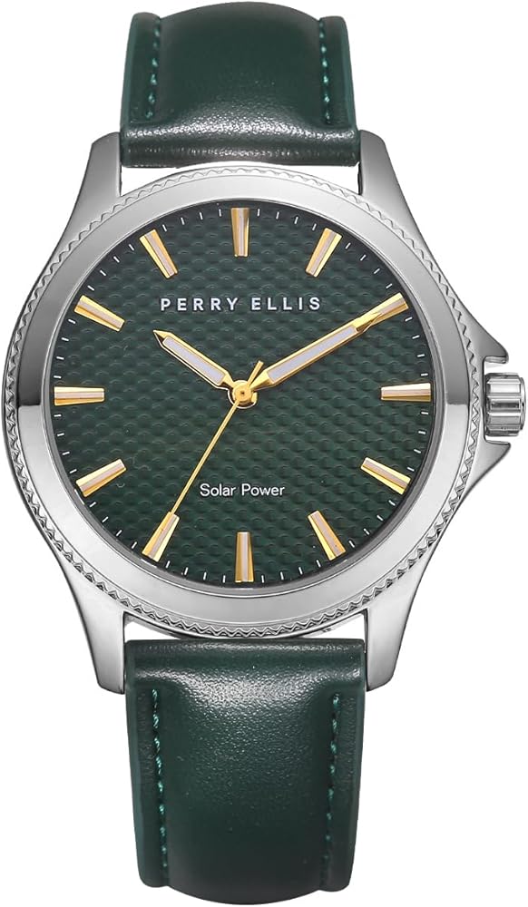 Perry Ellis Solar Powered Mens Watch | Vegan Leather Water-Resistant Analog Wrist Watches for Men | 41mm Case | Relojes para Hombres | Elegant Gift for Man