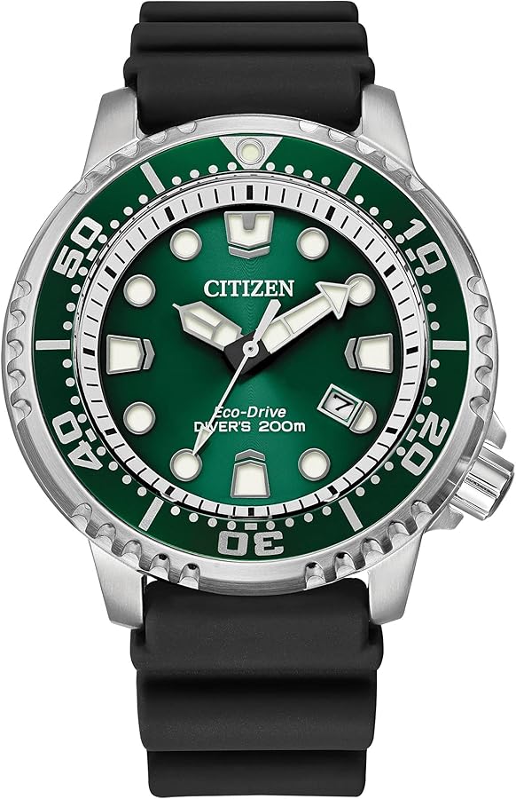 Citizen Promaster Dive Eco-Drive Watch, 3-Hand Date, ISO Certified, Luminous Hands and Markers, Rotating Bezel, Black/Green (Model: BN0158-00X)