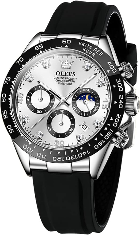 OLEVS Men Analog Quartz Waterproof Watches Multifunction Chronograph Diamond Moon Phase Luminous Silicone Band Wrist Watches