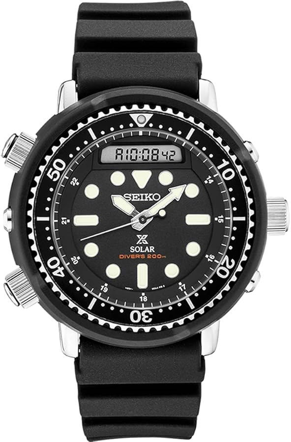 Seiko SNJ025 Hybrid Dive Watch for Men - Prospex - Solar, with Black Dial, Lightweight Matte Black Case, and Stopwatch Function, 200m Water-Resistant