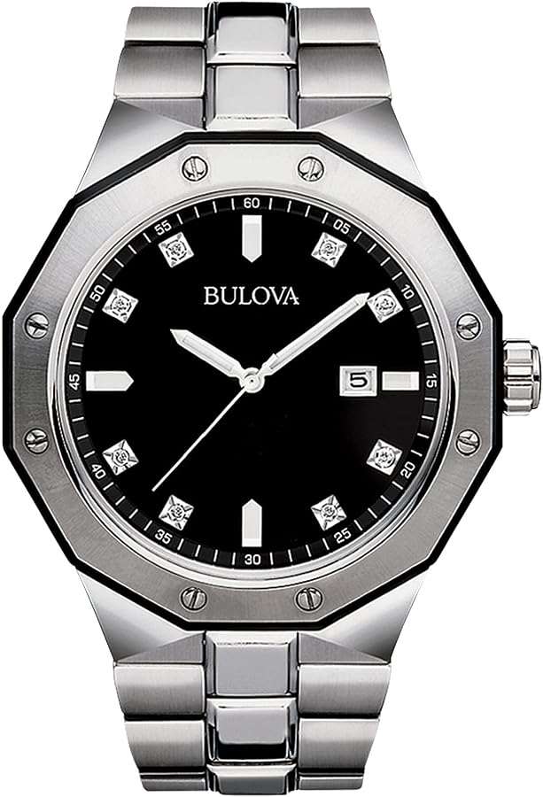 Bulova Men's Classic Stainless Steel 3-Hand Date Quartz Watch with Diamonds and Day Date, 44mm