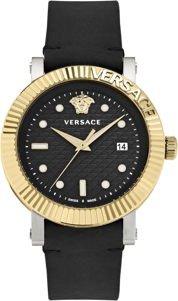 Versace V-Classic Collection Luxury Mens Watch Timepiece with a Black Strap Featuring a Two Tone Case and Black Dial