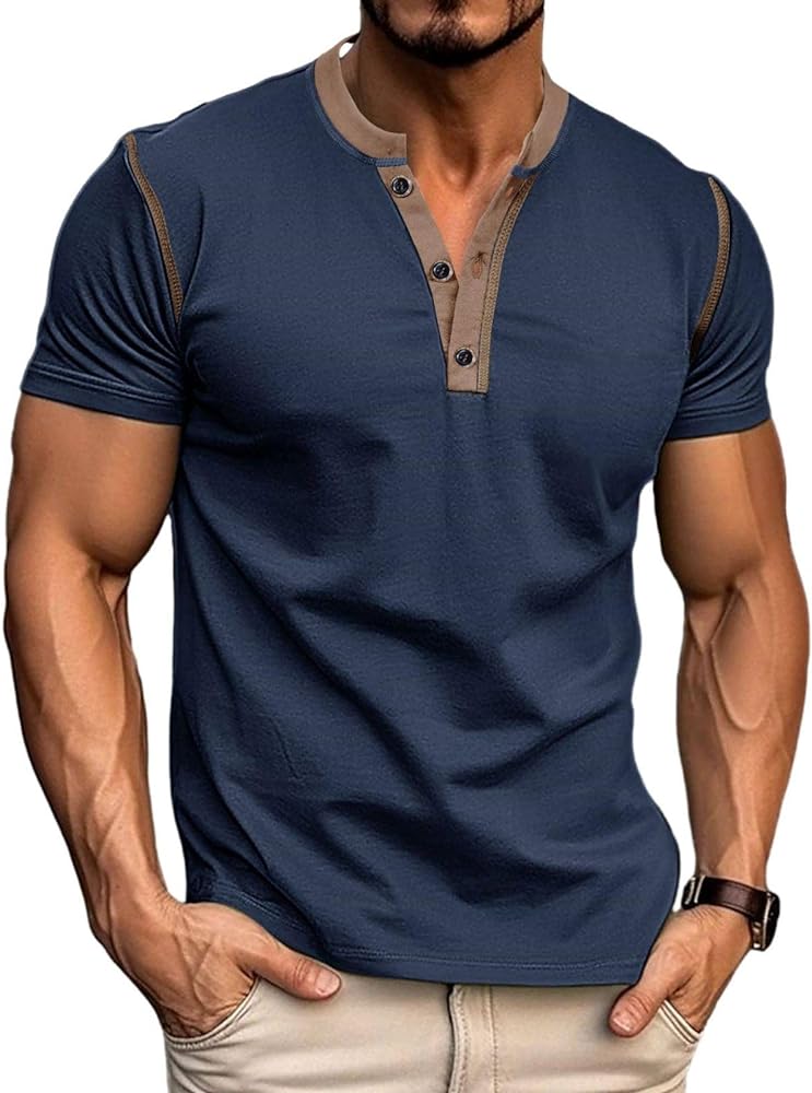 Men's Casual Henley Shirts Classic Button Cotton Short Sleeve T-Shirt Summer Basic Solid Lightweight Tees Tops