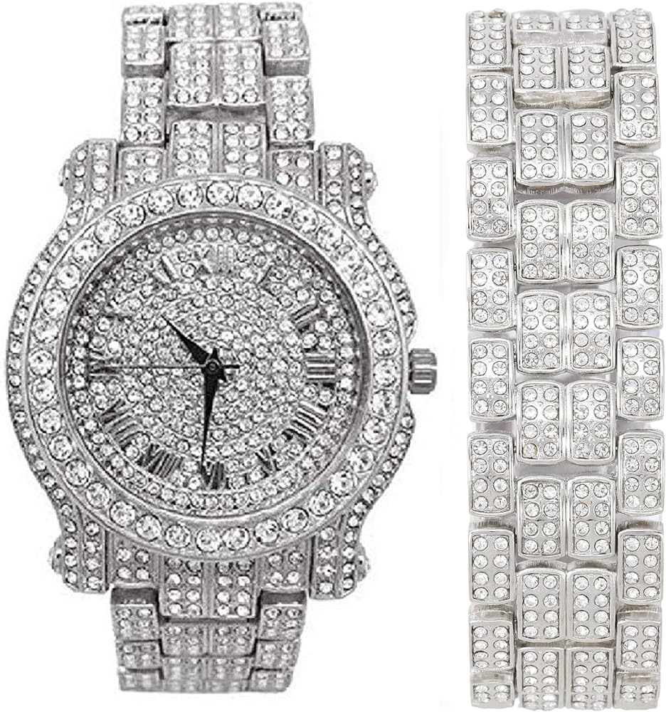 Charles Raymond Bling-ed Out Round Luxury Mens Watch with Color Dial and Bling Bling Diamond Time Indicators w/Bling-ed Out Matching Bracelet - L0504DXB