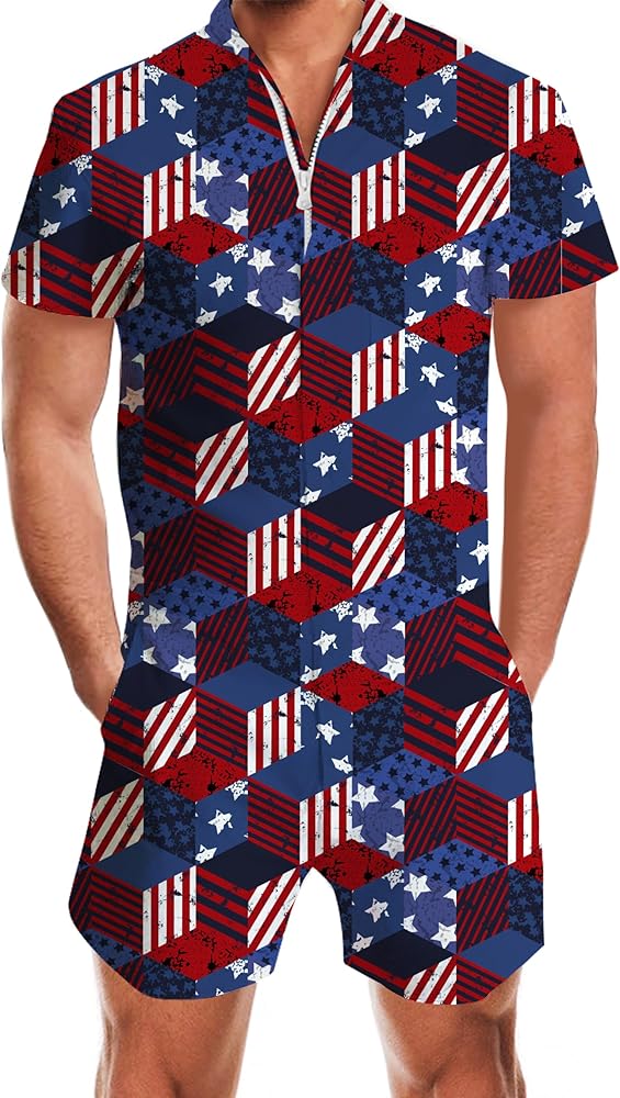 AIDEAONE Mens Casual 3D Printed Short Sleeve Rompers Zip Jumpsuit with Pocket S-XXL