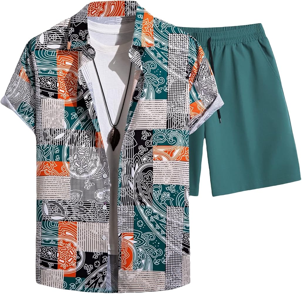 GORGLITTER Men's Patchwork Print Button Front Short Sleeve Collar Shirt and Drawstring Waist Shorts Set with Pocket