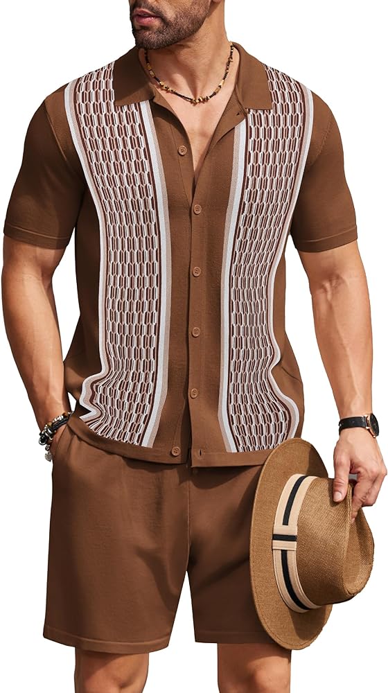 COOFANDY Men's 2 Piece Outfit Vintage Short Sleeve Button Down Knit Polo Shirts Casual Beach Shorts Sets