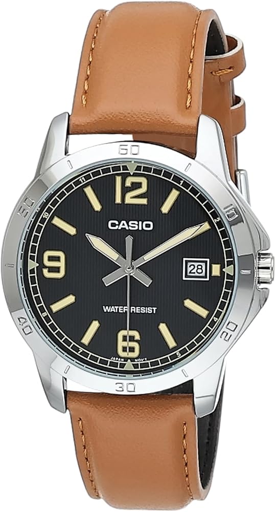 Casio MTP-V004L-1B2 Men's Stainless Steel Brown Leather Band Black Dial Date Watch