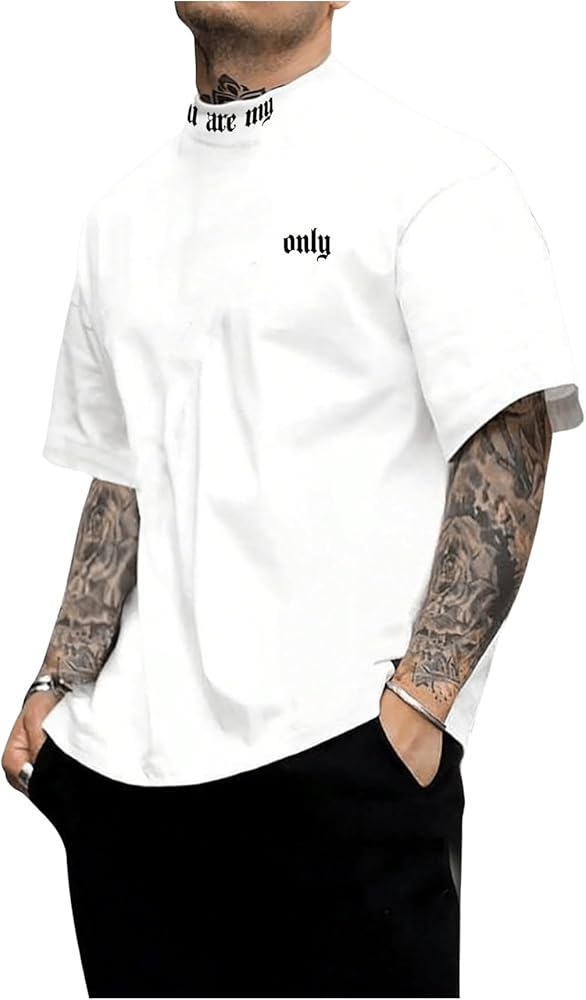 SOLY HUX Men's Letter Graphic Tee Mock Neck T Shirts Short Sleeve Summer Tops