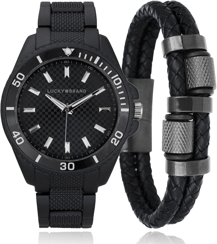 Lucky Brand Mens Watches Fashion Watch Stainless Steel with Matte Spray Color Men's Wristwatch Included Bracelet Gift Box Set (Black)