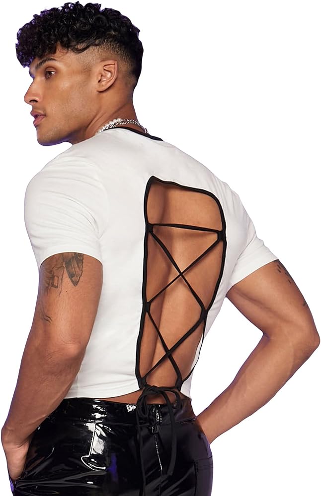 WDIRARA Men's Criss Cross Lace Up Backless Short Sleeve Crop Top Tshirt for Clubwear