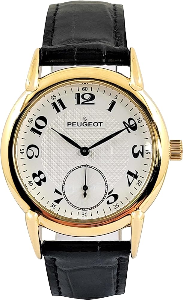 Peugeot Men’s Vintage 14K Gold Plated Watch with Remote Sweep and Black Leather Strap