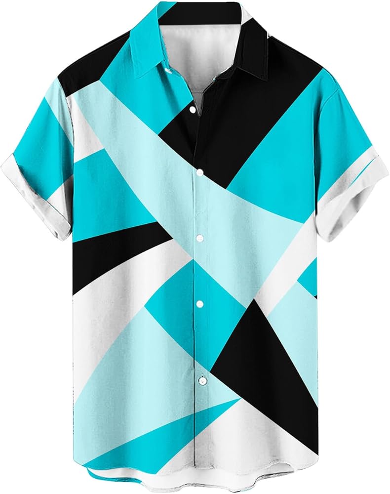 Men's Hawaiian Shirts Short Sleeve Band Collared Geometric Colorblock Summer Beach Jackets Botton Down Tshirt Blouse