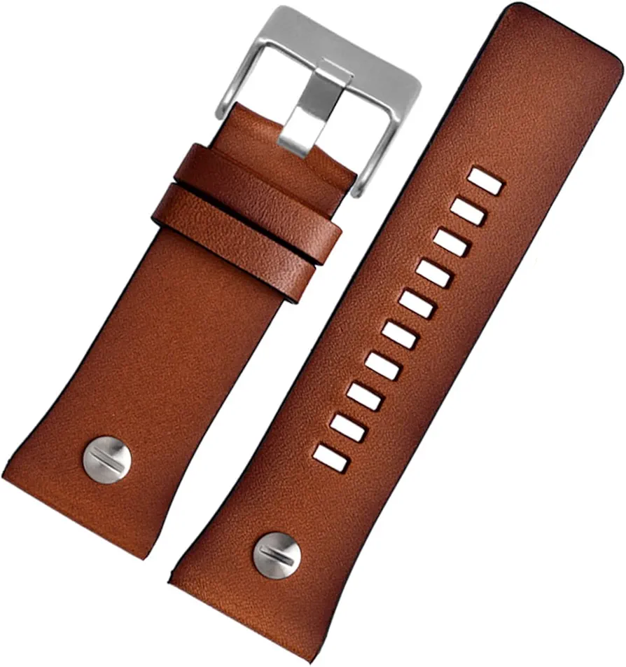 SKM Genuine Leather watchband for Diesel Watch Belt DZ4476/4482 DZ7408 7406 4318 Strap 22 24 26 28mm Large Size Men Wrist Watch Band (Color : 1513 Brown Silver, Size : 24mm)