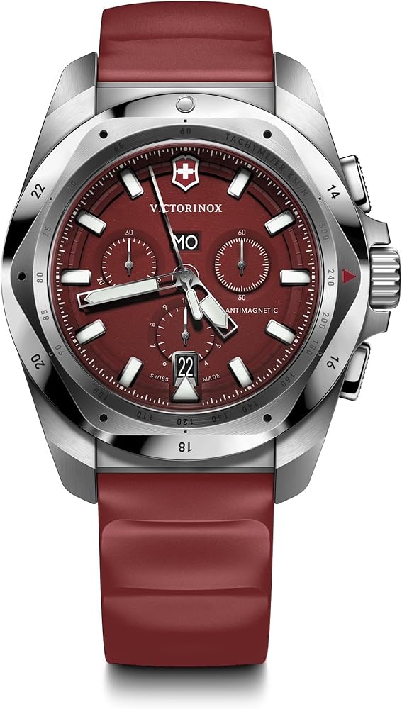 Victorinox I.N.O.X. Chrono 43mm Mens Watch - Silver Stainless Steel Case, Red Dial, and Red Rubber Strap