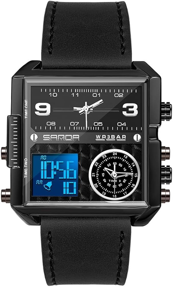 Stylish Business Men's Watch, Square Large Face LED Analogue Quartz, Alarm, Chronograph, Stopwatch, 3 Time Zone Analogue Display Watch. (Black Belt)