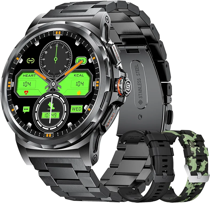 Military Smart Watches for Men SML6 PRO + K59 Green Camo Silicone Strap (Total 3 Straps)