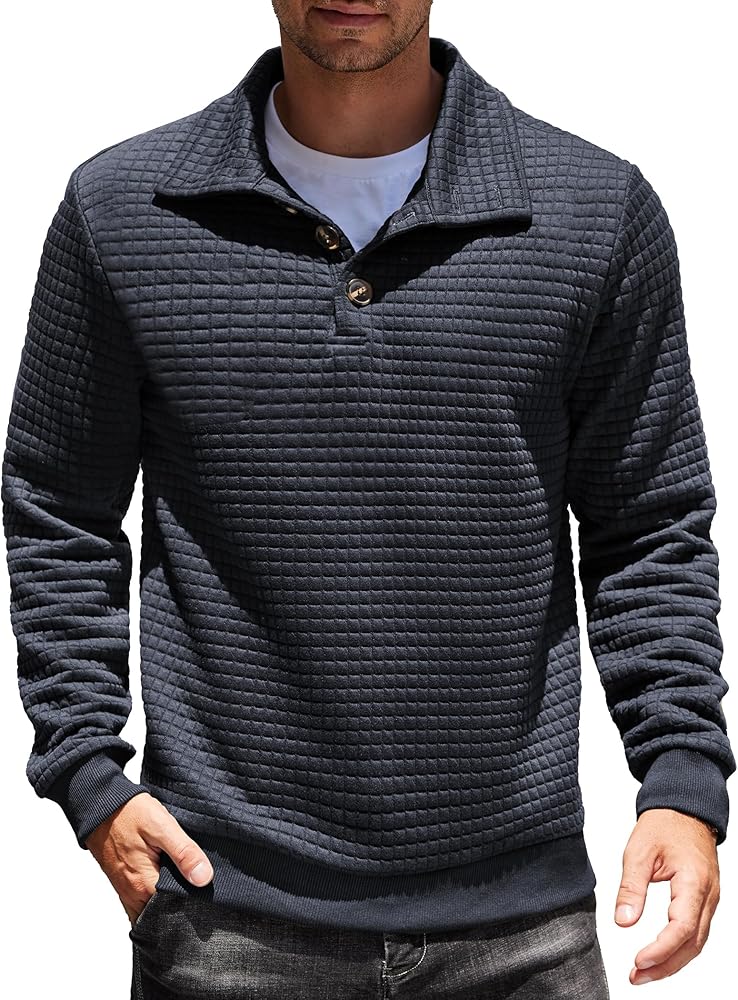 COOFANDY Men Quarter Collar Sweatshirt Pullover Long Sleeve Waffle Fashion Pullover