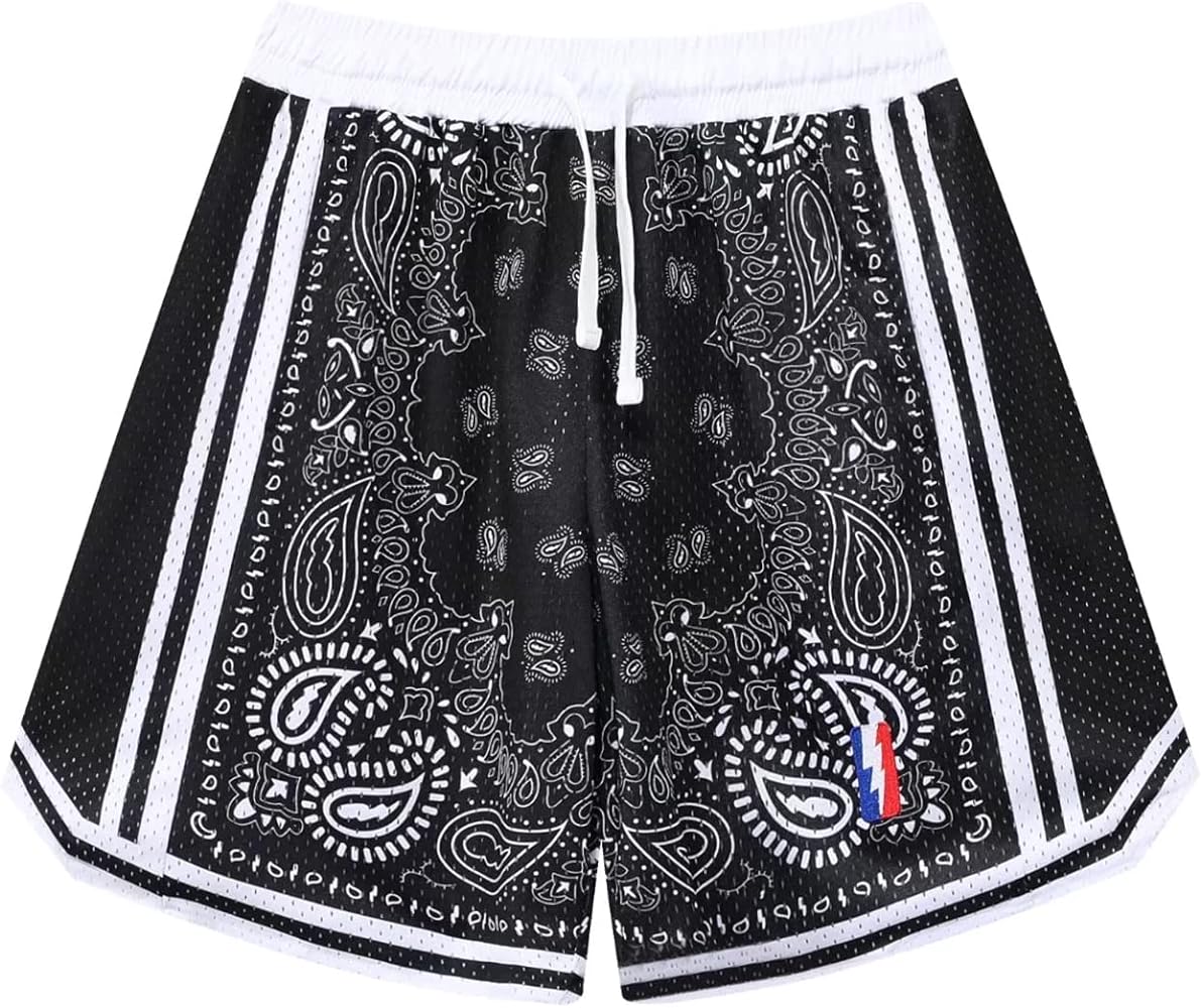 BOOMLEMON Men's Basketball Shorts Workout Athletic Paisley Shorts Mesh Print Running Short Pants