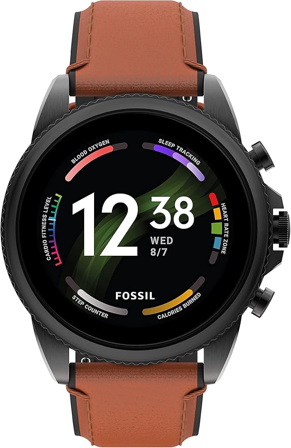 Fossil Men's Gen 6 44mm Stainless Steel and Leather Touchscreen Smart Watch, Color: Black, Brown (Model: FTW4062V)