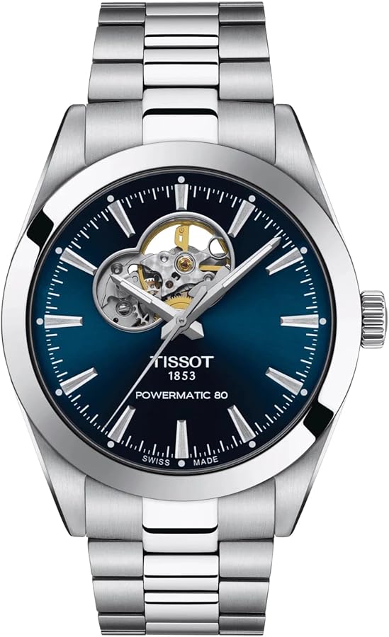 Tissot Mens Gentleman Powermatic 80 Open Heart 316L Stainless Steel case Automatic Watches, Grey, Stainless Steel, 21 (T1274071104101)