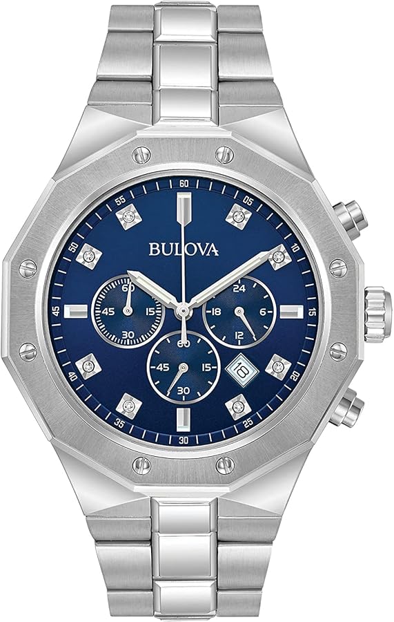 Bulova Men's Classic Diamond 6-Hand Chronograph Quartz Watch, Calendar Date, Luminous Markers, 100M Water Resistant, 44mm Style: 96D138