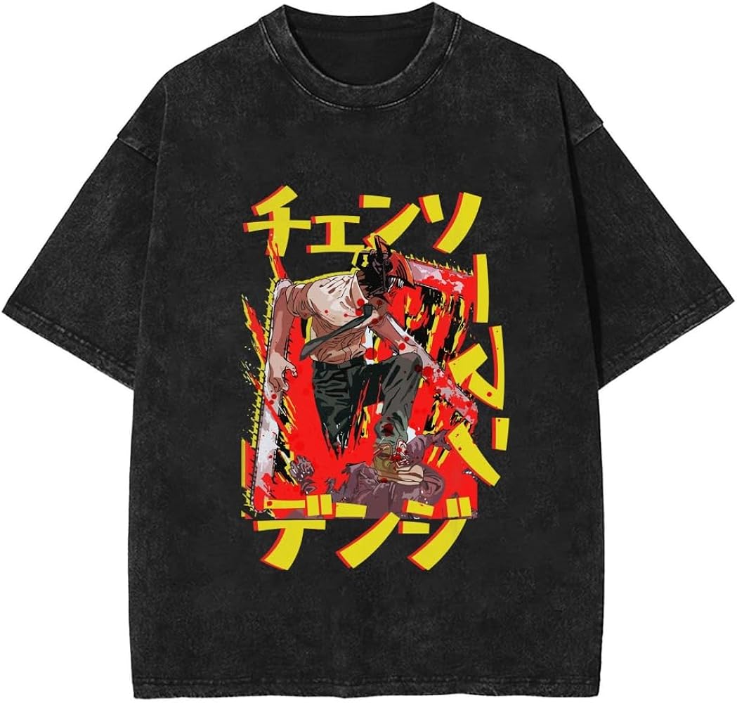 Men Chainsaw Cosplay Shirt Denji Power Washed Vintage Anime T-Shirt Casual Loose Short Sleeve for Unisex