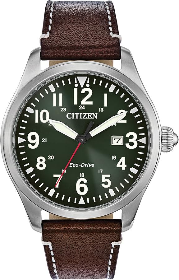 Citizen Men's Sport Casual Garrison 3-Hand Date Eco-Drive Leather Strap Watch, Arabic Markers, Stainless Steel, Field Watch