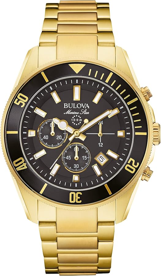 Bulova Men's Marine Star Series B Gold Tone Stainless Steel 6-Hand Chronograph Quartz Watch, Black Dial Style: 98B250