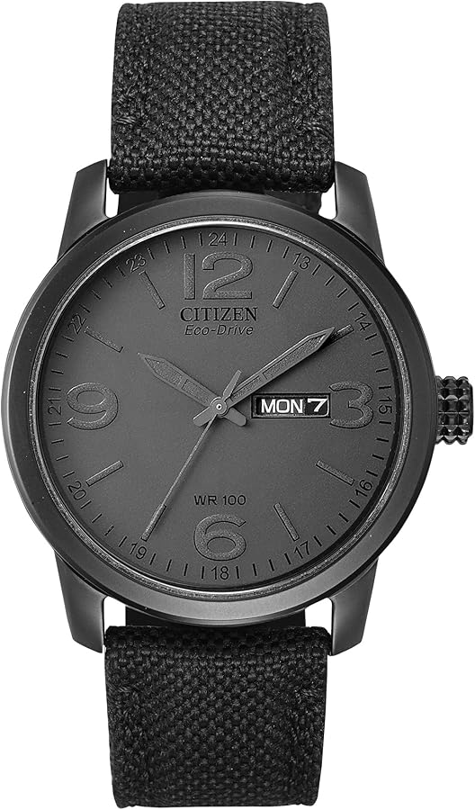 Citizen Men's Eco-Drive Weekender Garrison Field Watch in Black IP Stainless Steel with Black Nylon strap, Black Dial (Model: BM8475-00F)