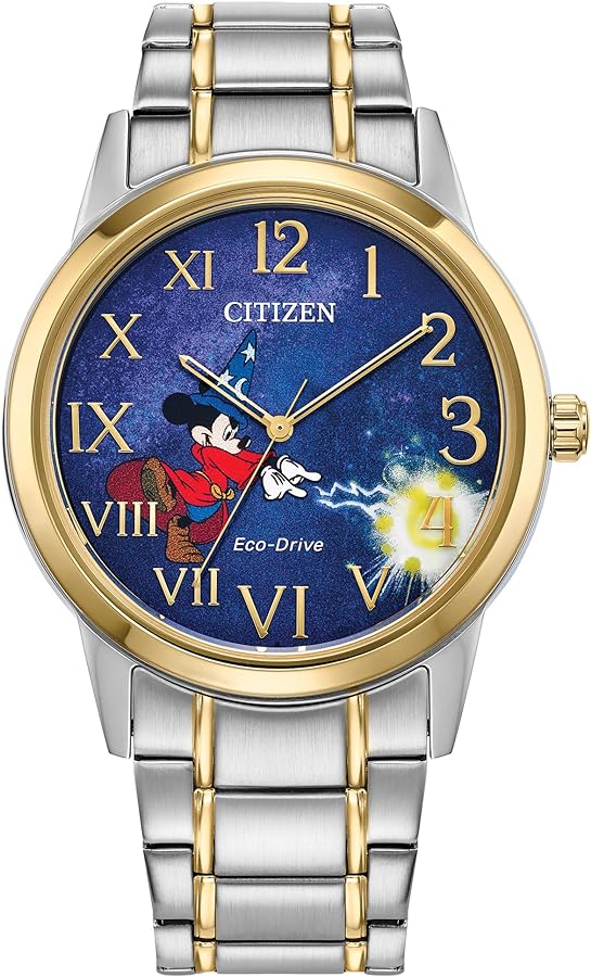 Citizen Eco-Drive Disney Sorcerer’s Apprentice Mickey Two Tone Stainless Steel Watch, 3 Hand, Luminous, 40mm (Model: FE7064-71W)